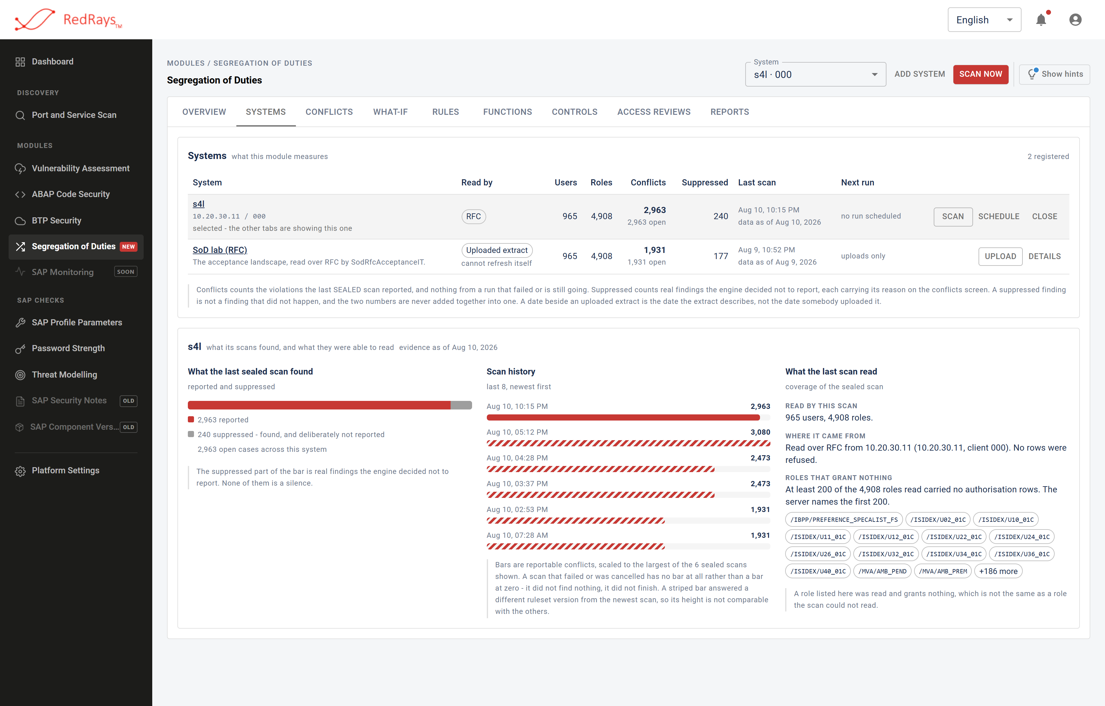 Segregation of duties module header above the Systems tab, listing each connected SAP system with the date of its last scan