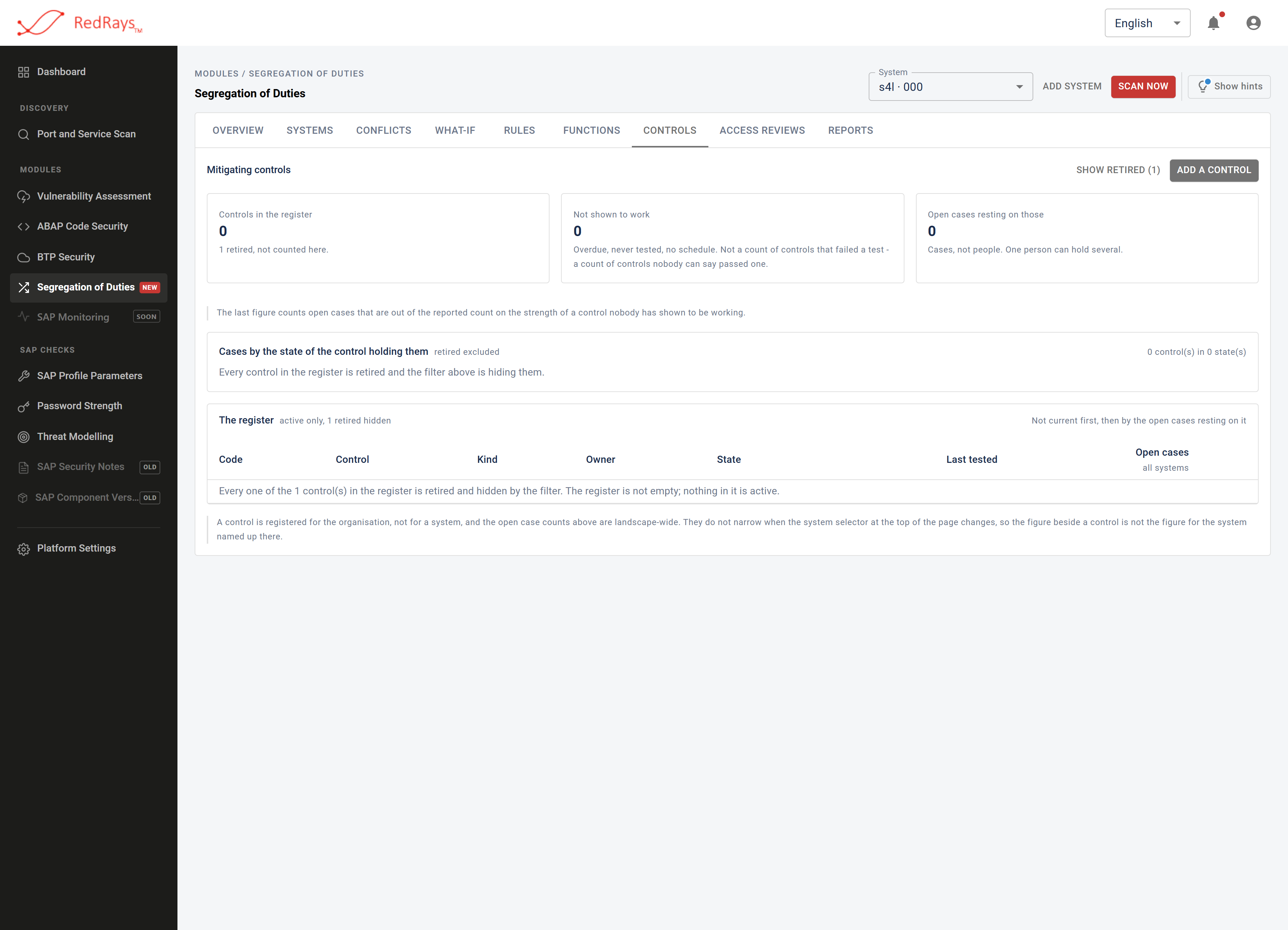 Mitigating controls tab with an empty register, and text on the screen explaining that the register is empty rather than that the risk is nil