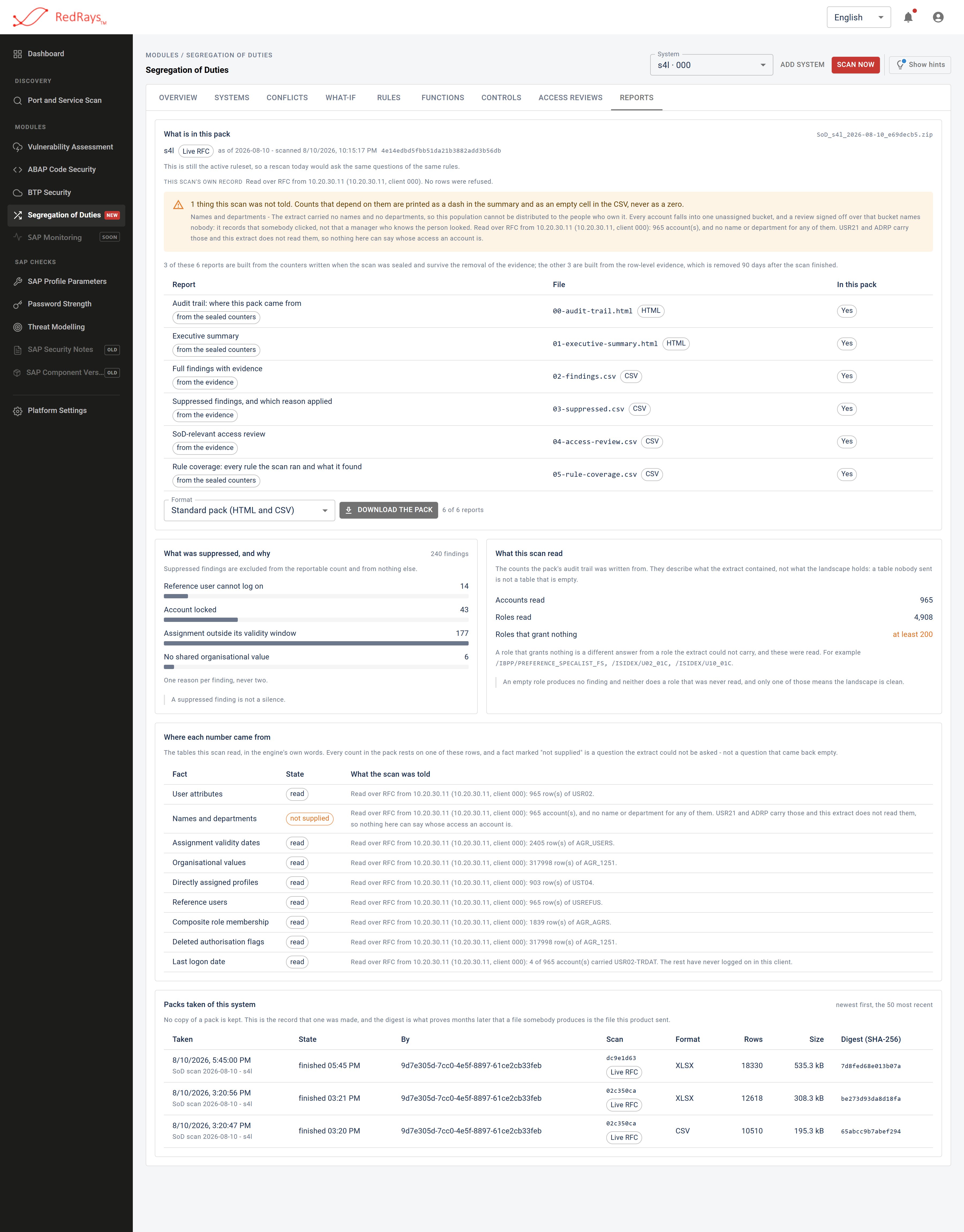 Reports tab showing the plan for an export pack, listing what the pack would contain, above a journal of packs already produced