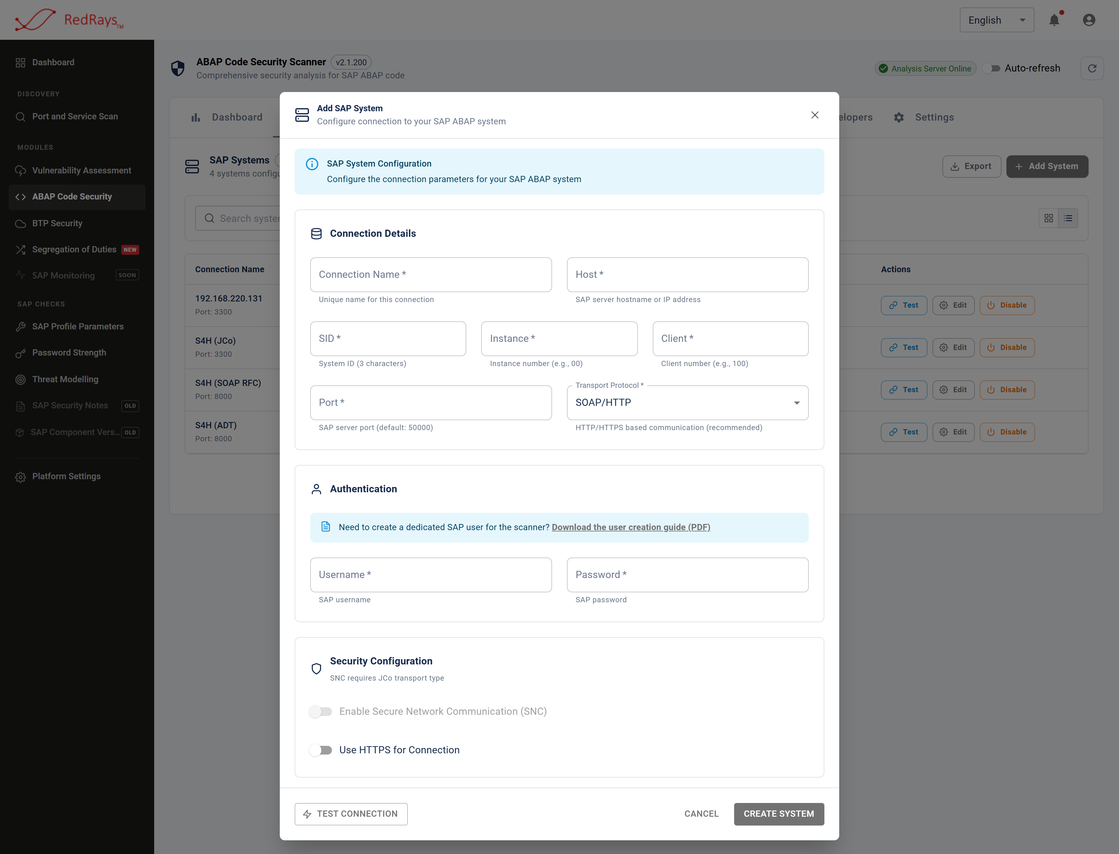 The dialog for registering an SAP system, with fields for the connection name, the transport to use, the host and client details, and the credentials of the read-only scan account
