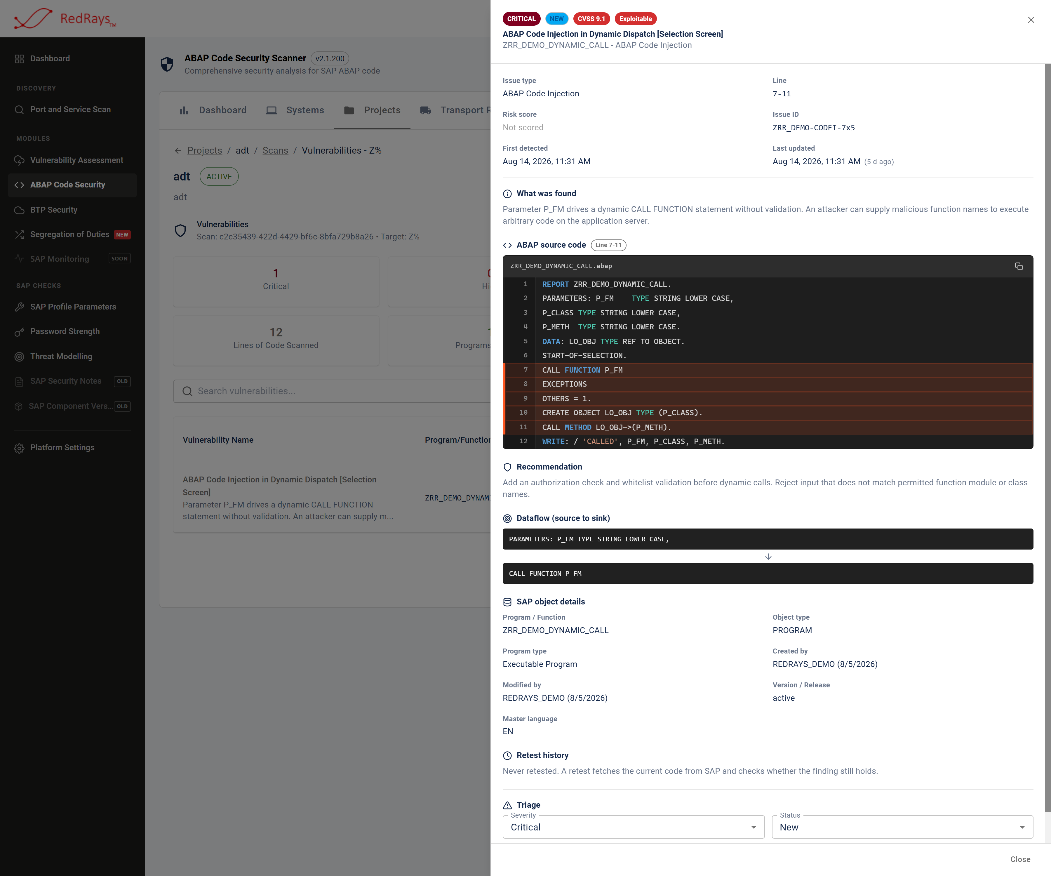 One finding opened in a side panel, showing the object and line range, the description, the data path from the input statement to the sink, the recommendation, and the stored ABAP source with the affected lines marked