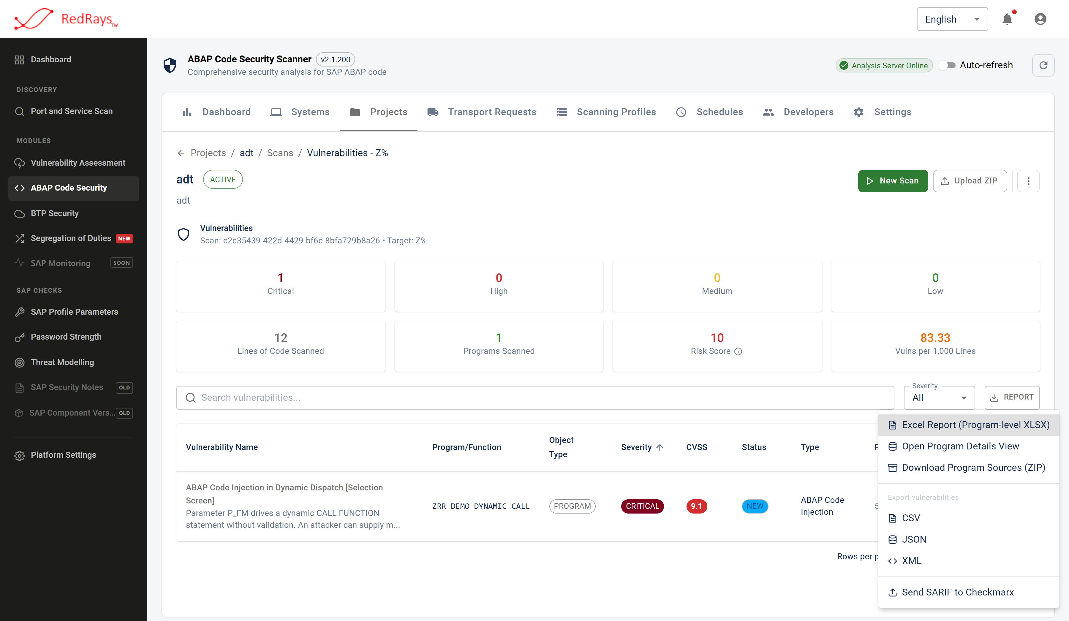 The report menu open over a scan's findings, offering the per-object report and the workbook, CSV, JSON, XML and SARIF exports