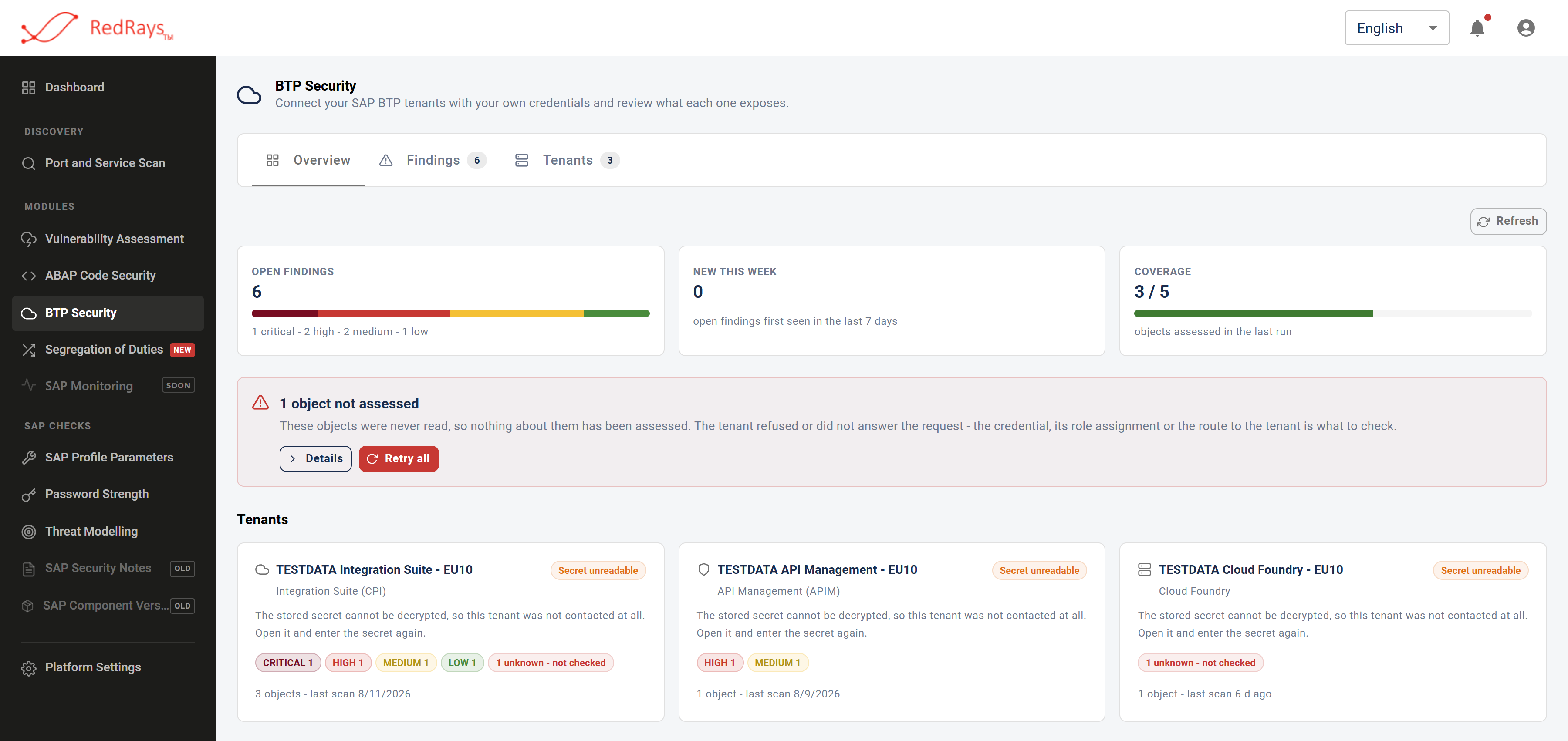 The BTP security overview, with tiles counting open findings and objects assessed, a panel naming objects that were never read, and a card for each connected tenant