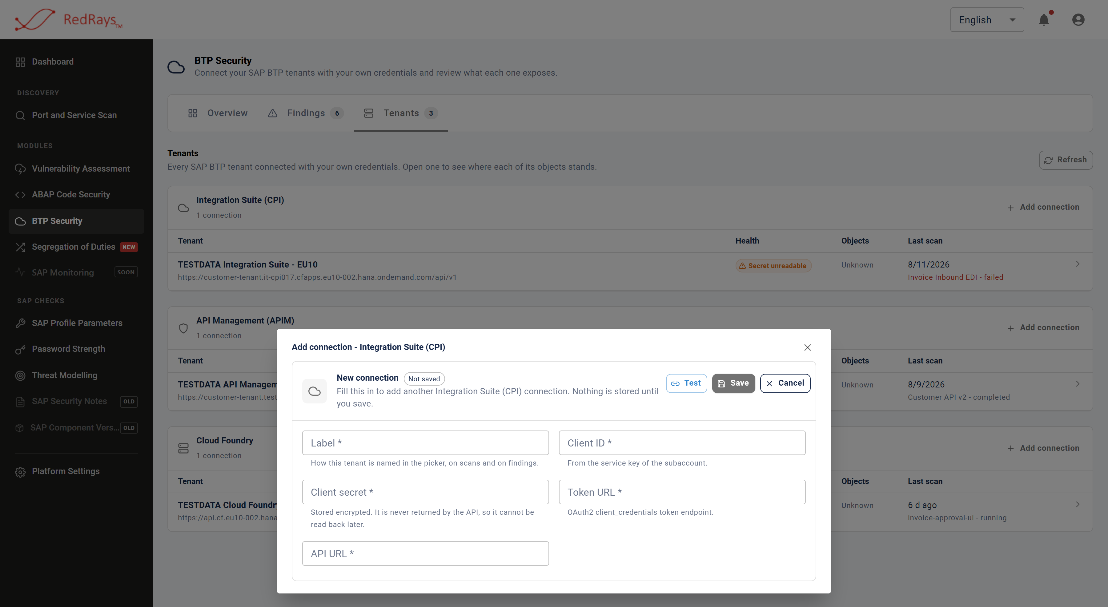 The blank connect-a-tenant form for Integration Suite, asking for a label, the API address, a client id, a client secret and a token endpoint, with a note that nothing is stored until it is saved