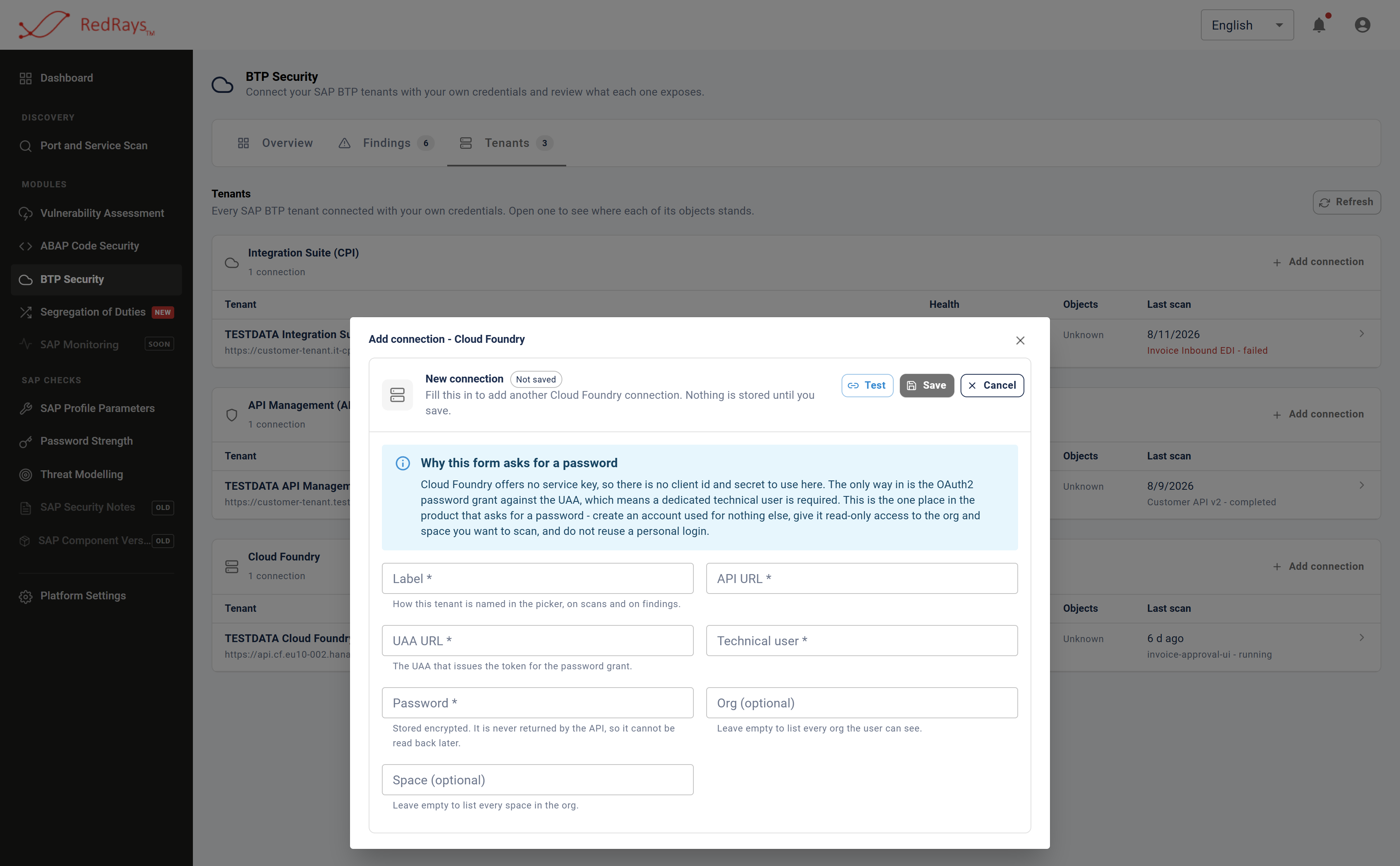 The blank connect-a-tenant form for Cloud Foundry, asking for a UAA address, a technical user and a password, with optional org and space fields and guidance to use a dedicated read-only account