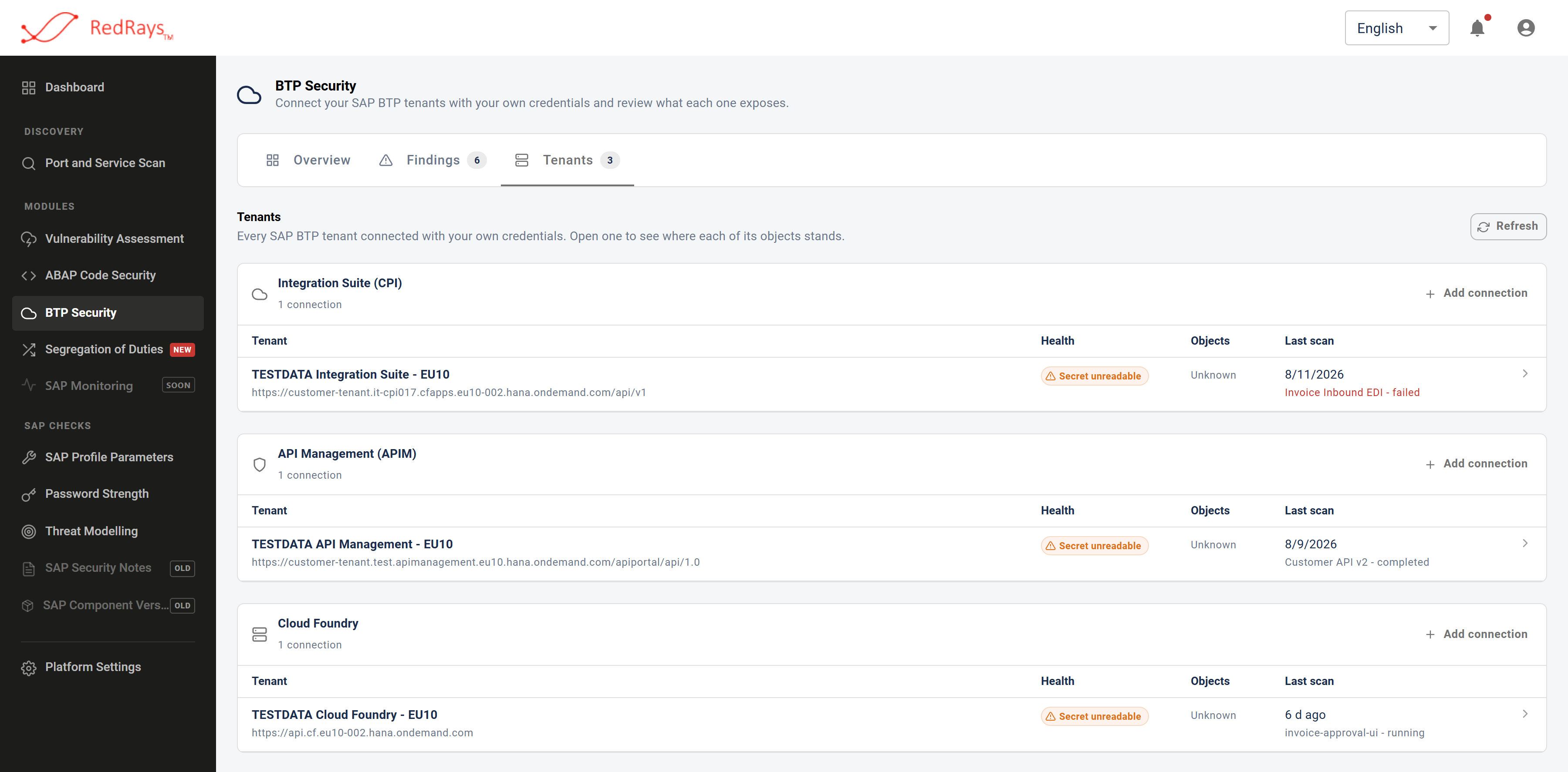 The roster of connected cloud accounts, grouped into Integration Suite, API Management and Cloud Foundry sections, each row showing the tenant, the health of its stored credential, what it holds and when it was last read