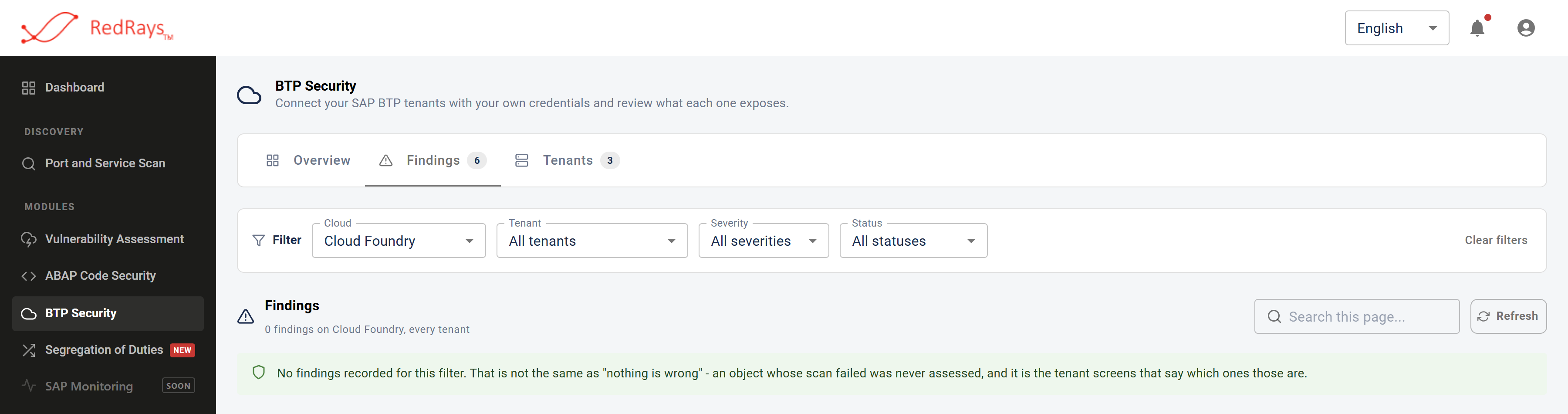 A findings list filtered to one cloud with no rows in it, showing a panel that reads no findings recorded for this filter and says that this is not the same as nothing being wrong