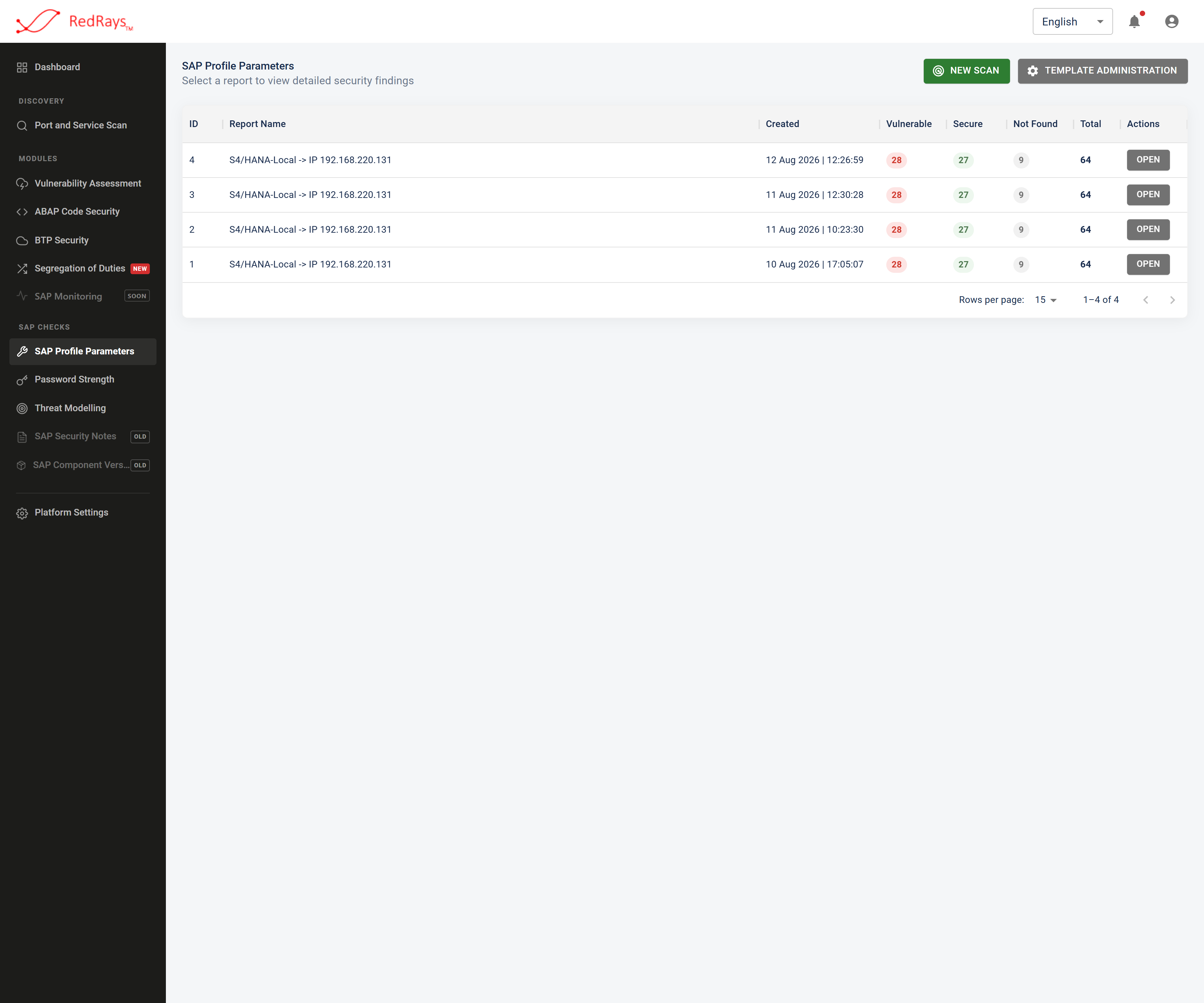 The report list of an SAP profile parameter review, one row per stored run, each carrying its own counts of secure, vulnerable and unreturned parameters beside the total checked