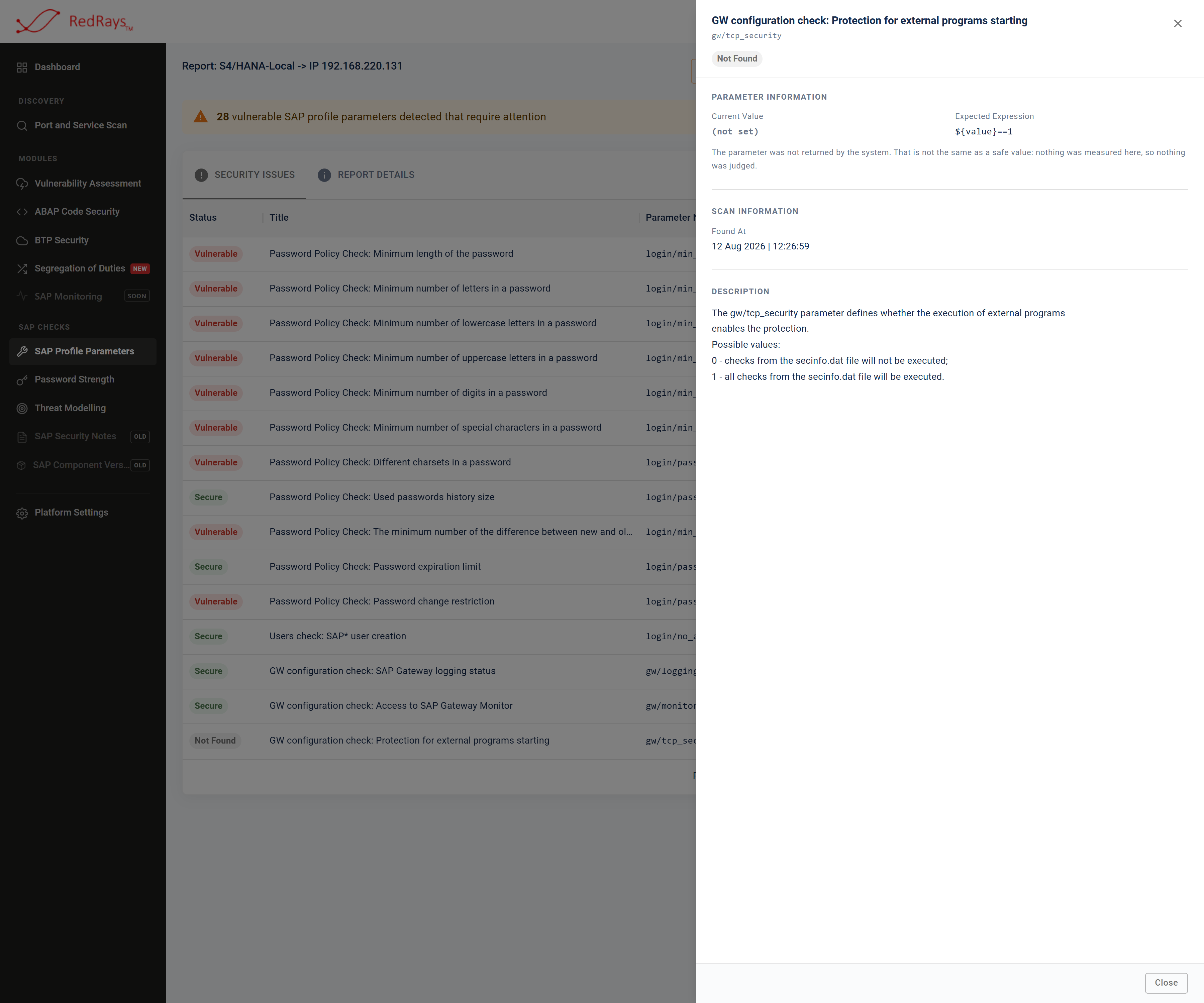 The detail panel for a parameter the SAP system did not return: the value field is greyed, the chip reads not found, a sentence states that nothing was measured, and no remediation is drawn