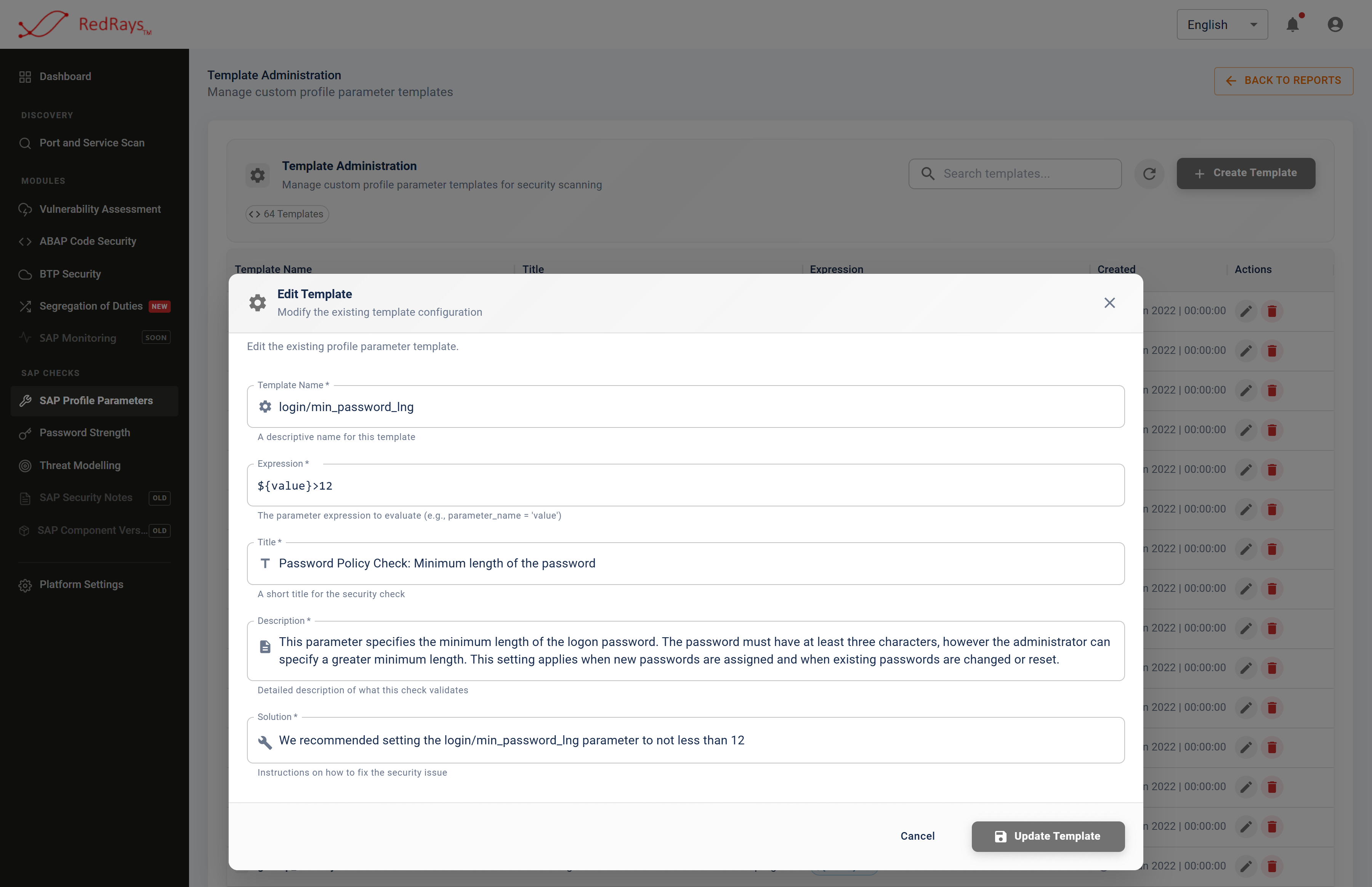 The edit form for one catalogue entry, with fields for the parameter name, the expected condition, the title a reader sees, the description of what the parameter governs and the recommended solution