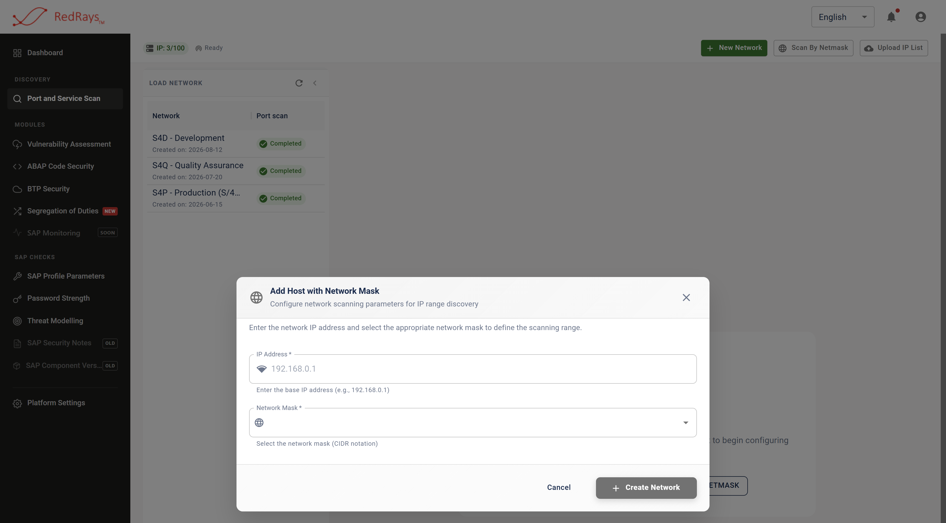 The dialog that builds a target from a network mask, open at its empty fields for a base address and a CIDR mask