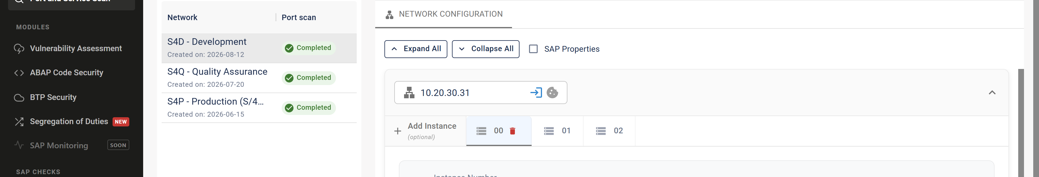 A scanned target open on its host row, the host identified by address alone, with a strip of instance tabs beneath it, one tab per SAP instance number recorded on that machine