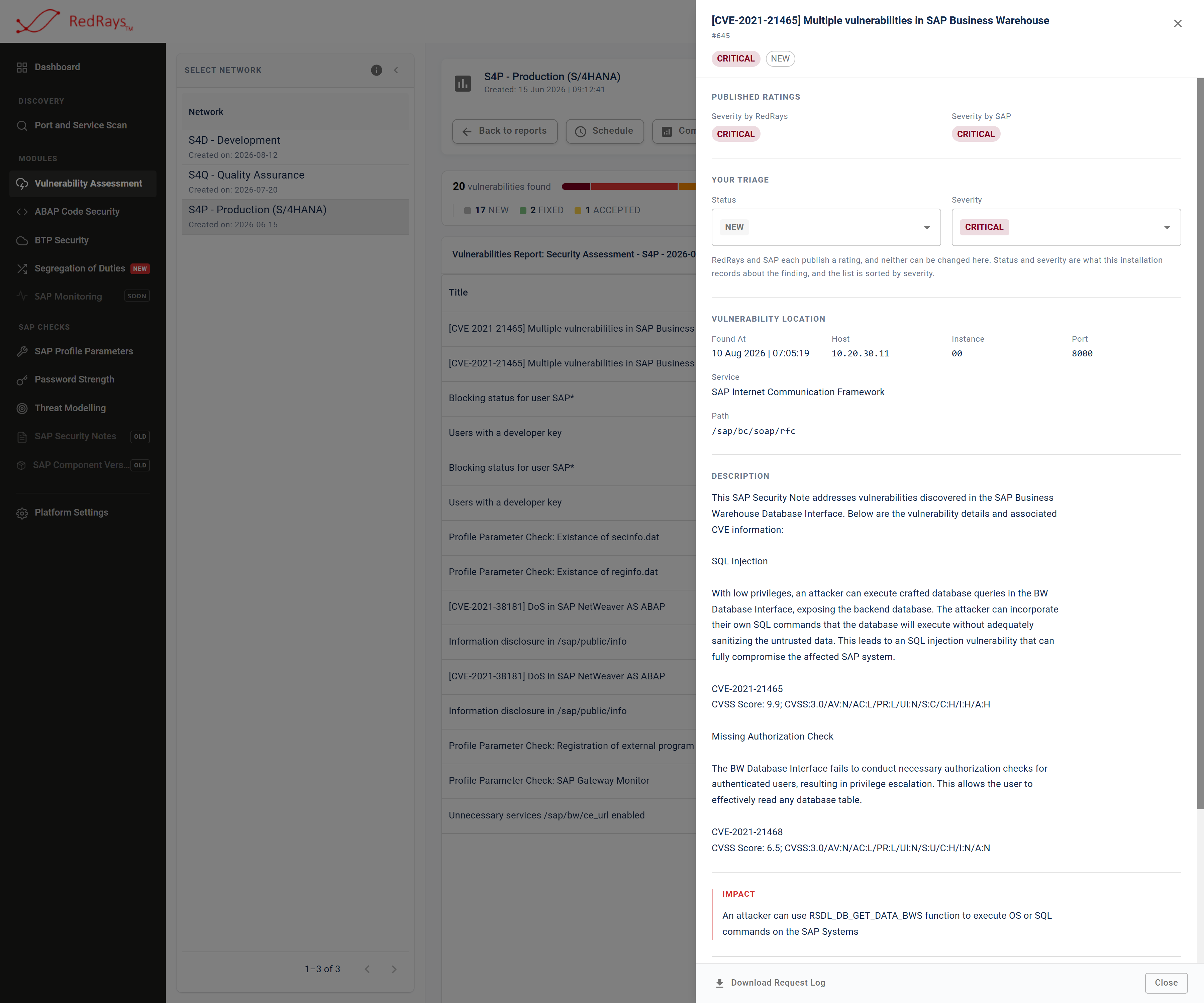 A single vulnerability finding opened in a side drawer, with the triage controls at the top, then the description, impact, solution and note references from the catalogue, and the location of the service it was found on