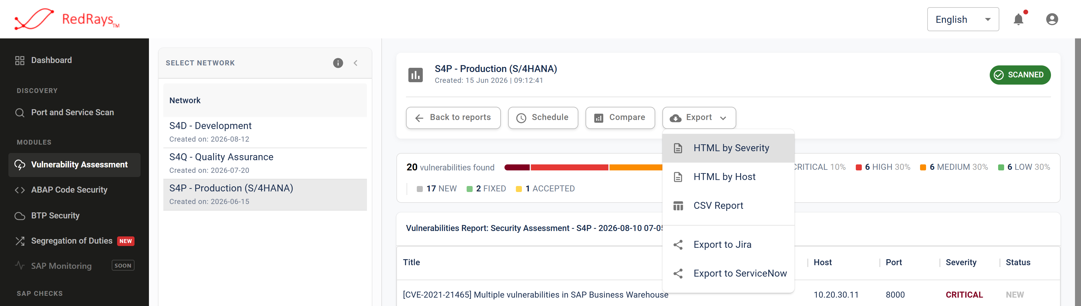 The export menu open over a report, offering rendered HTML ordered by severity or by host, CSV, and one ticket per finding into an external tracker